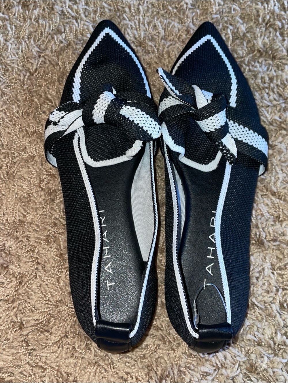 Tahari Black and White Pointed Knit Knot Flats